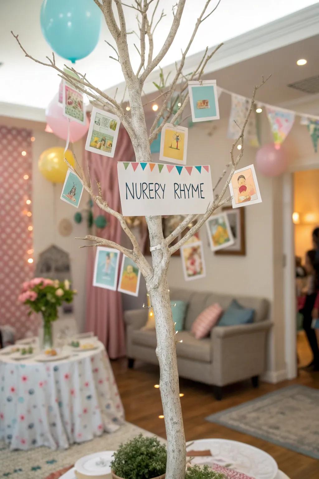 A nursery verse fixture showcasing verse panels suspended from boughs.