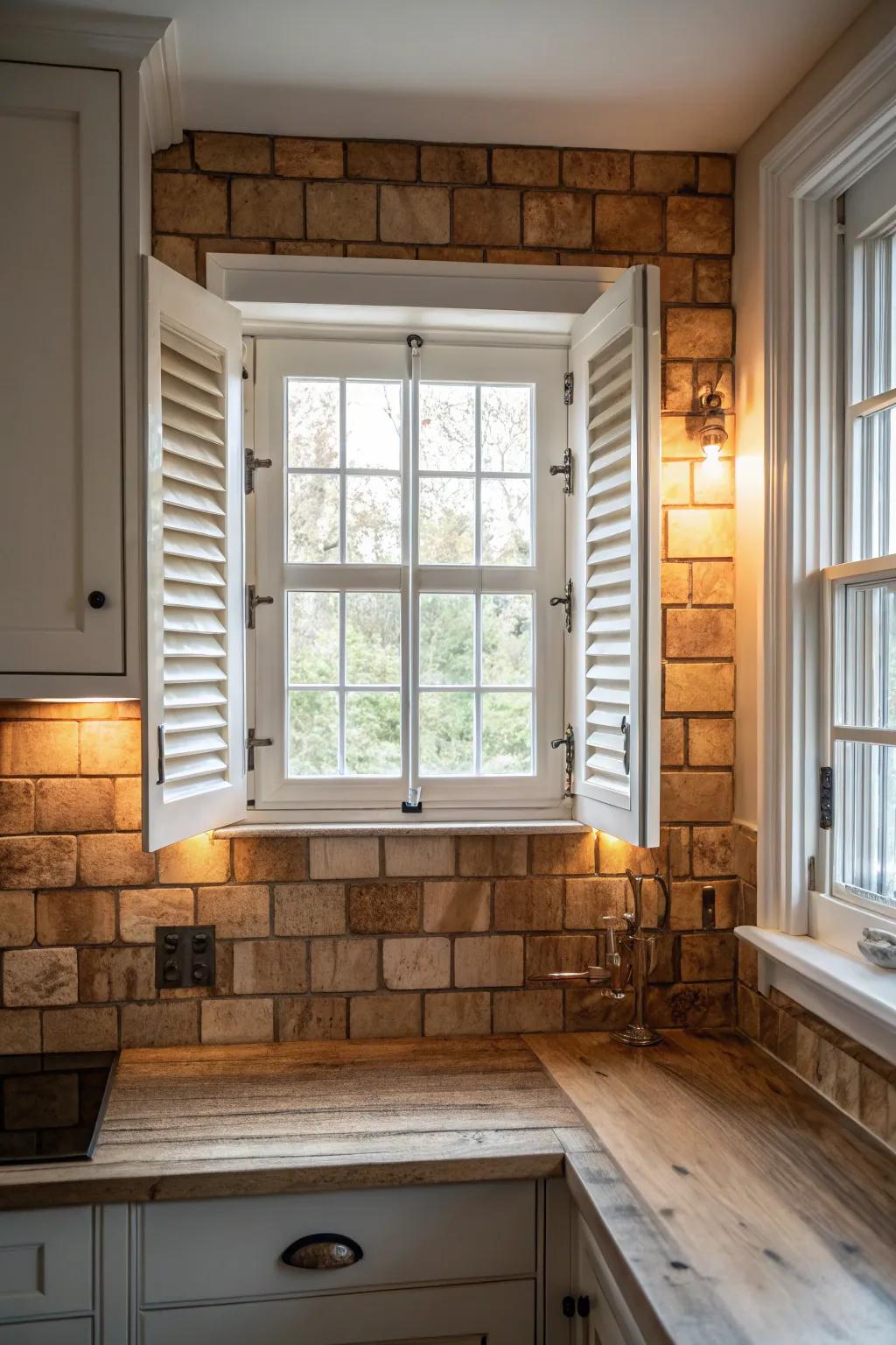 Wooden tiles adding rustic warmth around a kitchen window.