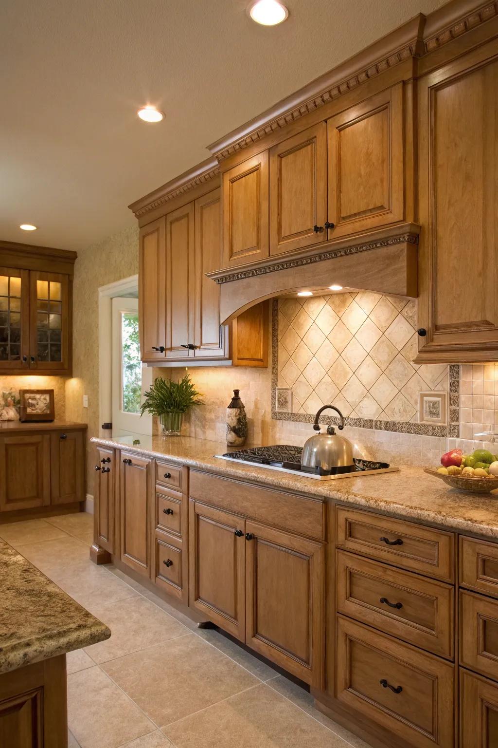 Comforting undertones fashion a harmonious visual with maple cabinets.