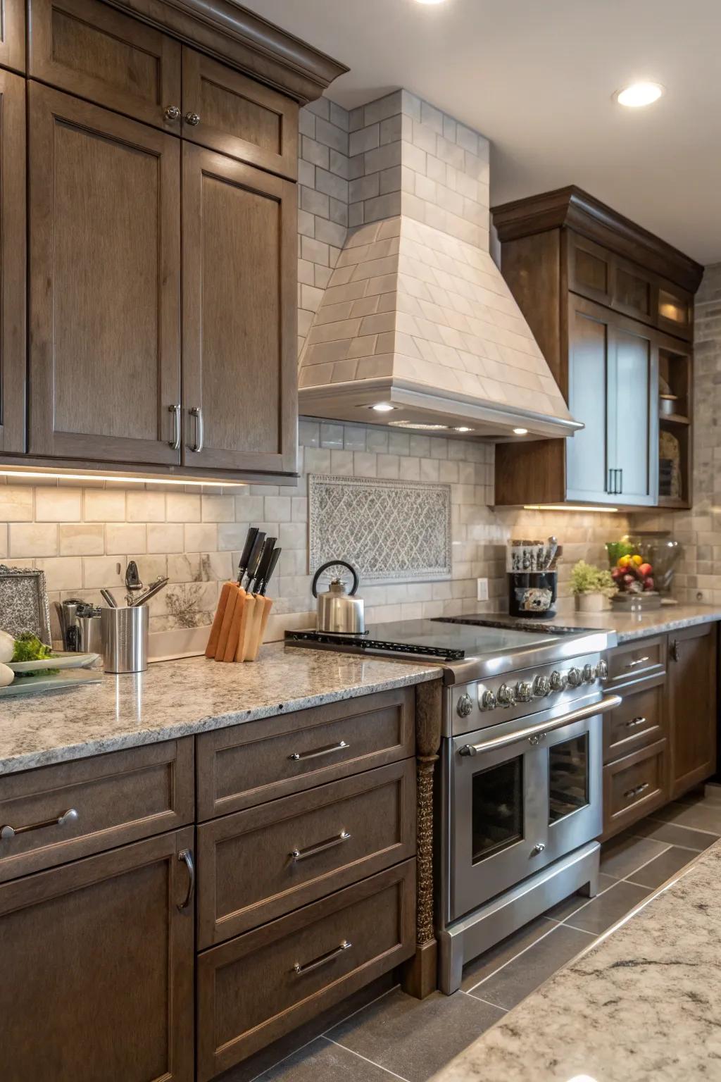 Delicate shadow tones harmonize, complementing the subtle hints within fantasy brown granite for a cohesive look.