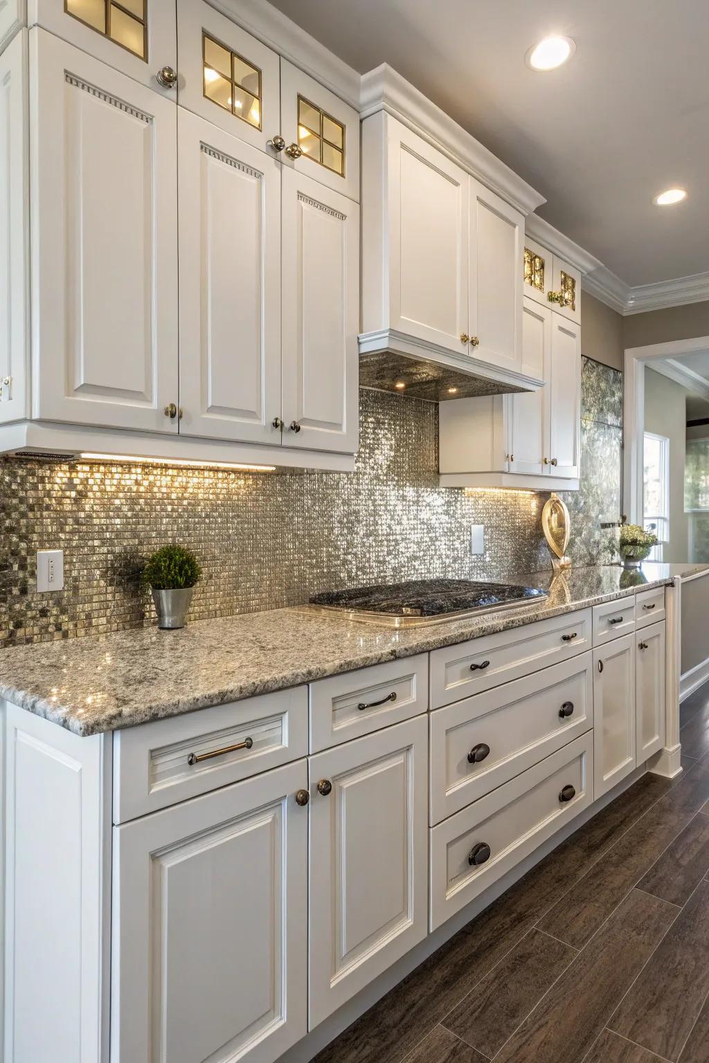 Shiny details in the backsplash bring a modern and glamorous feature.