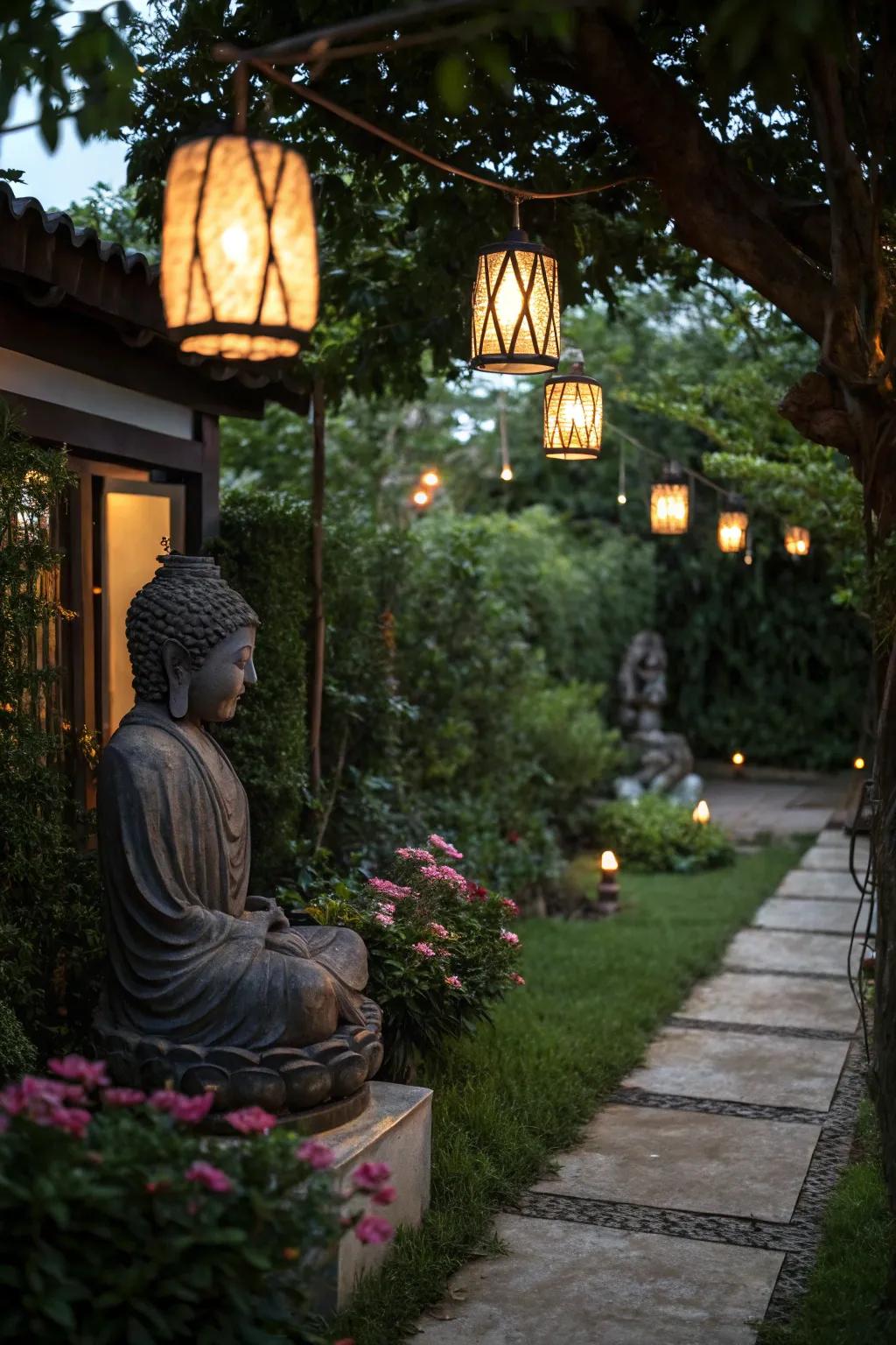 Lanterns add a warm, spiritual glow to your garden at night.