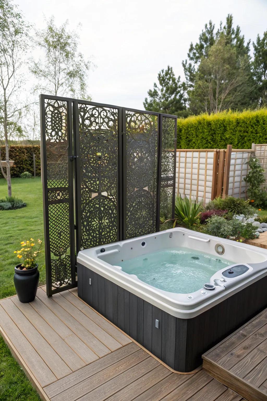 Ornamental screens add a personalized and artistic flair to hot tub privacy.
