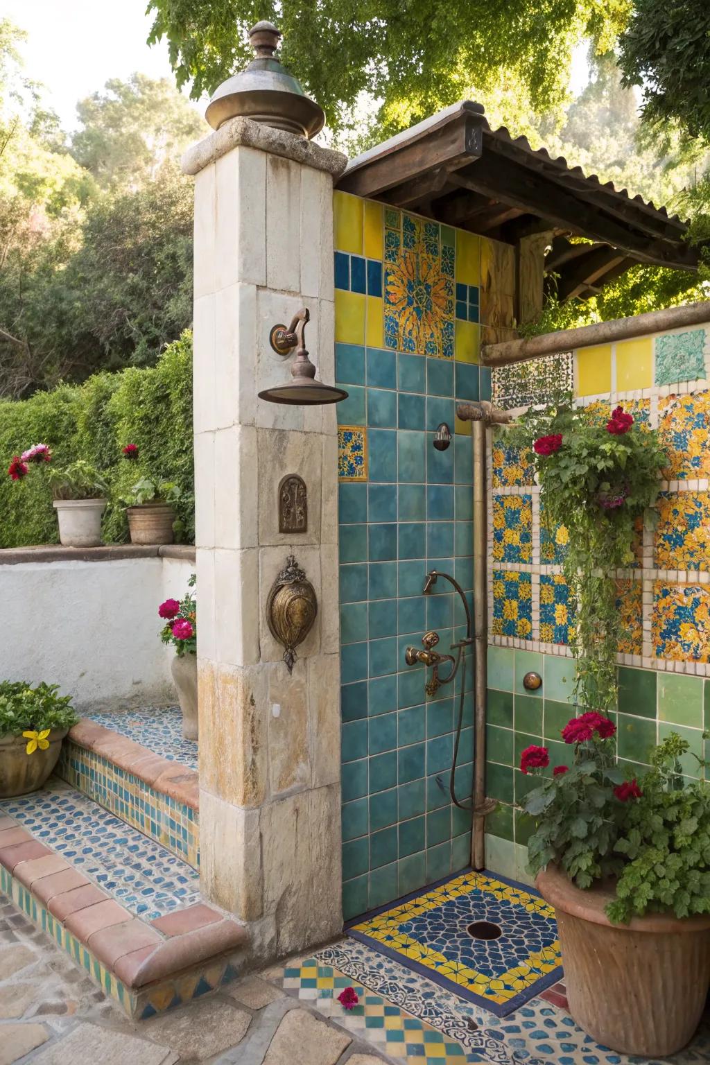A creative freedom outdoor shower boasting vibrant tiles and period-specific appeal.