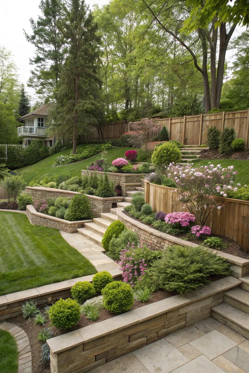 Artfully arranged layers of landscaping creating intimate, private nooks.