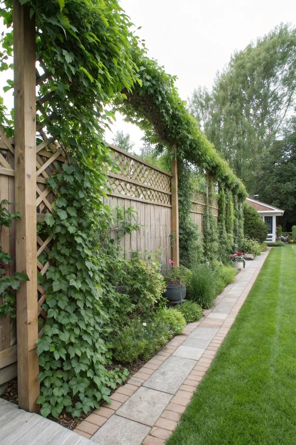 Vines on frames turn fences into vibrant green walls.