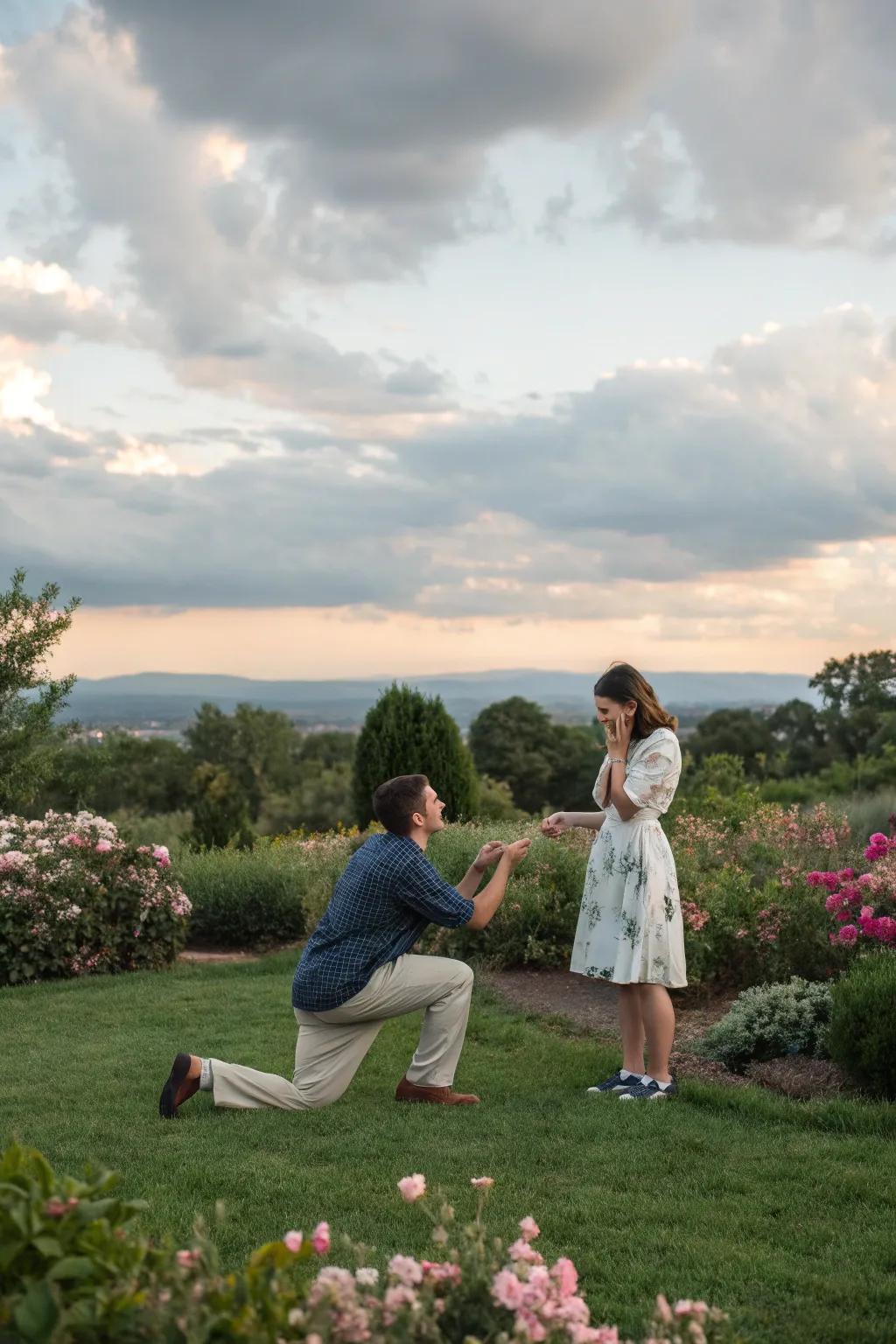 A proposal set against the stunning natural backdrop of a lush garden.