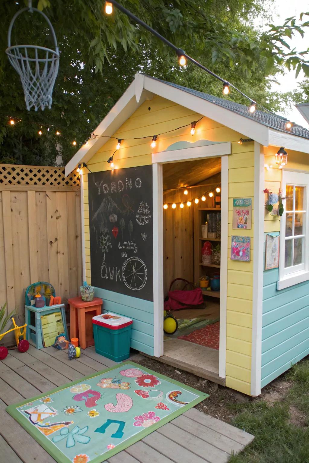 A playful shed designed as a children's playhouse.