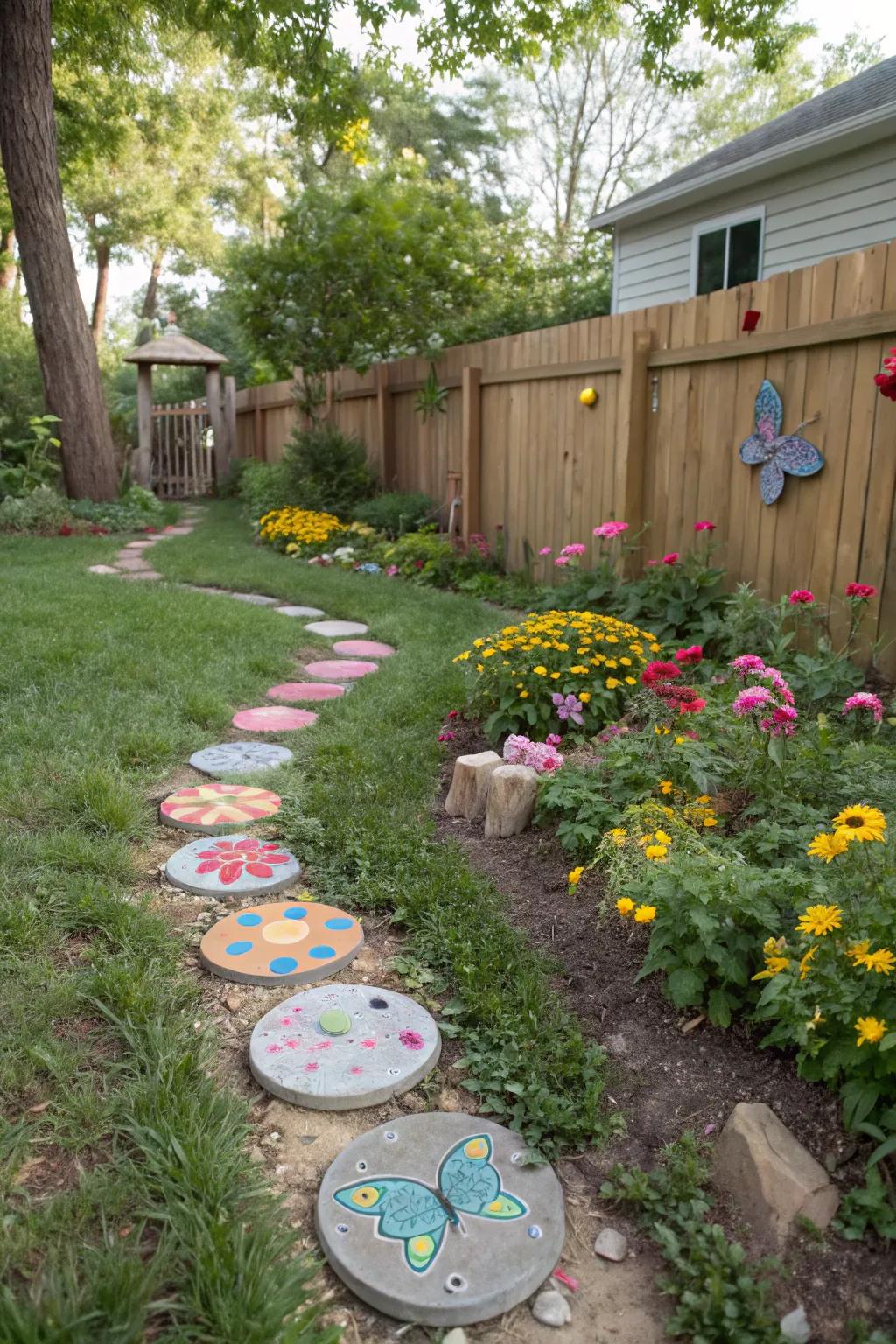 A whimsical trail featuring uniquely shaped DIY stepping stones.