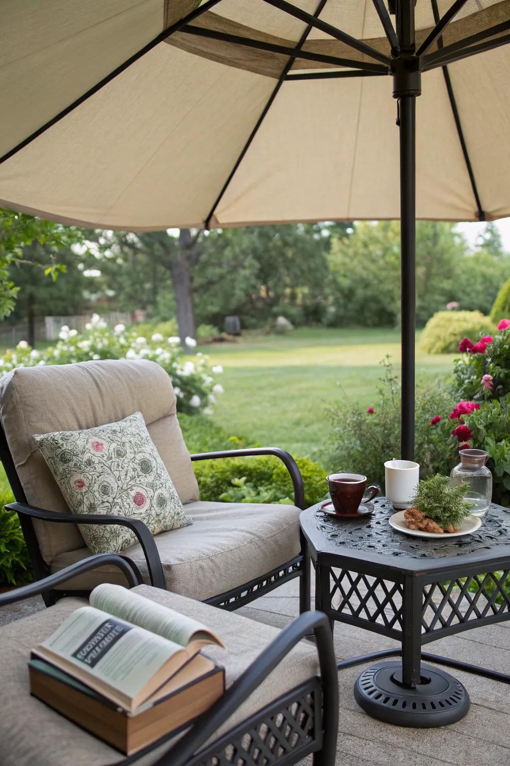 A tranquil reading corner under a patio sunshade.