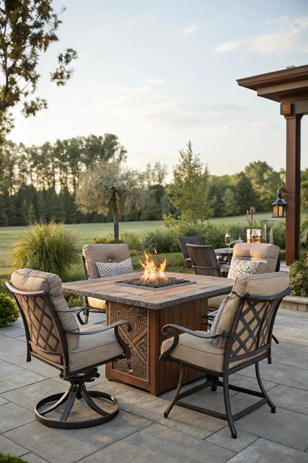 A versatile fire pit table combo for dining and warmth.