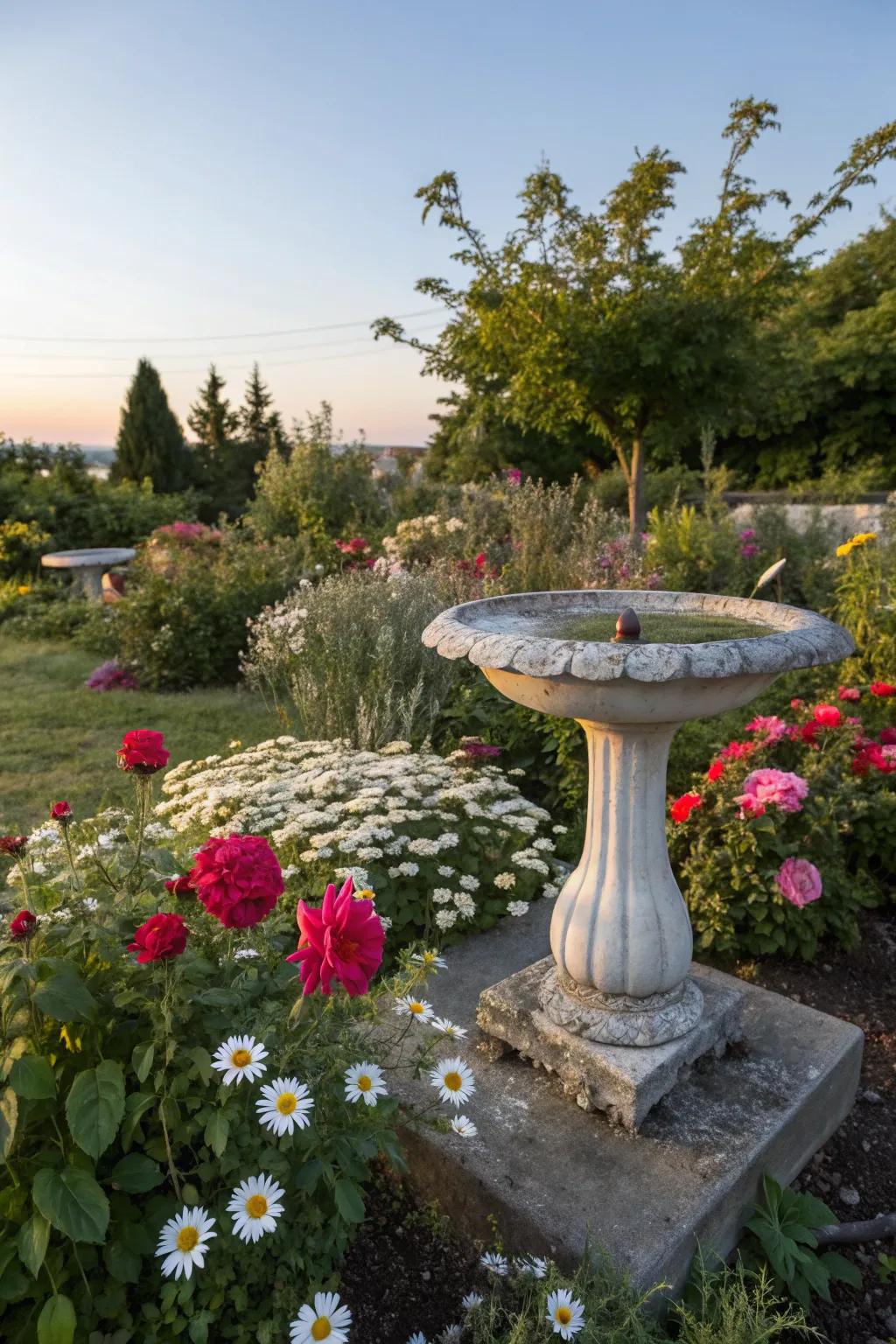 A charming birdbath surrounded by a variety of vibrant spring flowers.