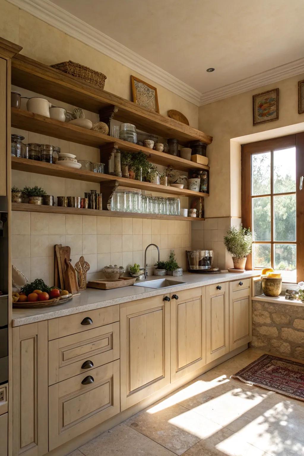 Exposed shelving permits personalization and practicality.