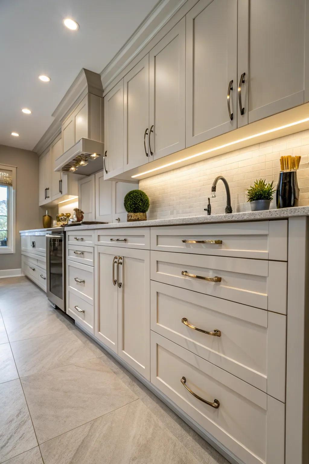 Curved wire pulls add contemporary elegance to shaker cabinets.