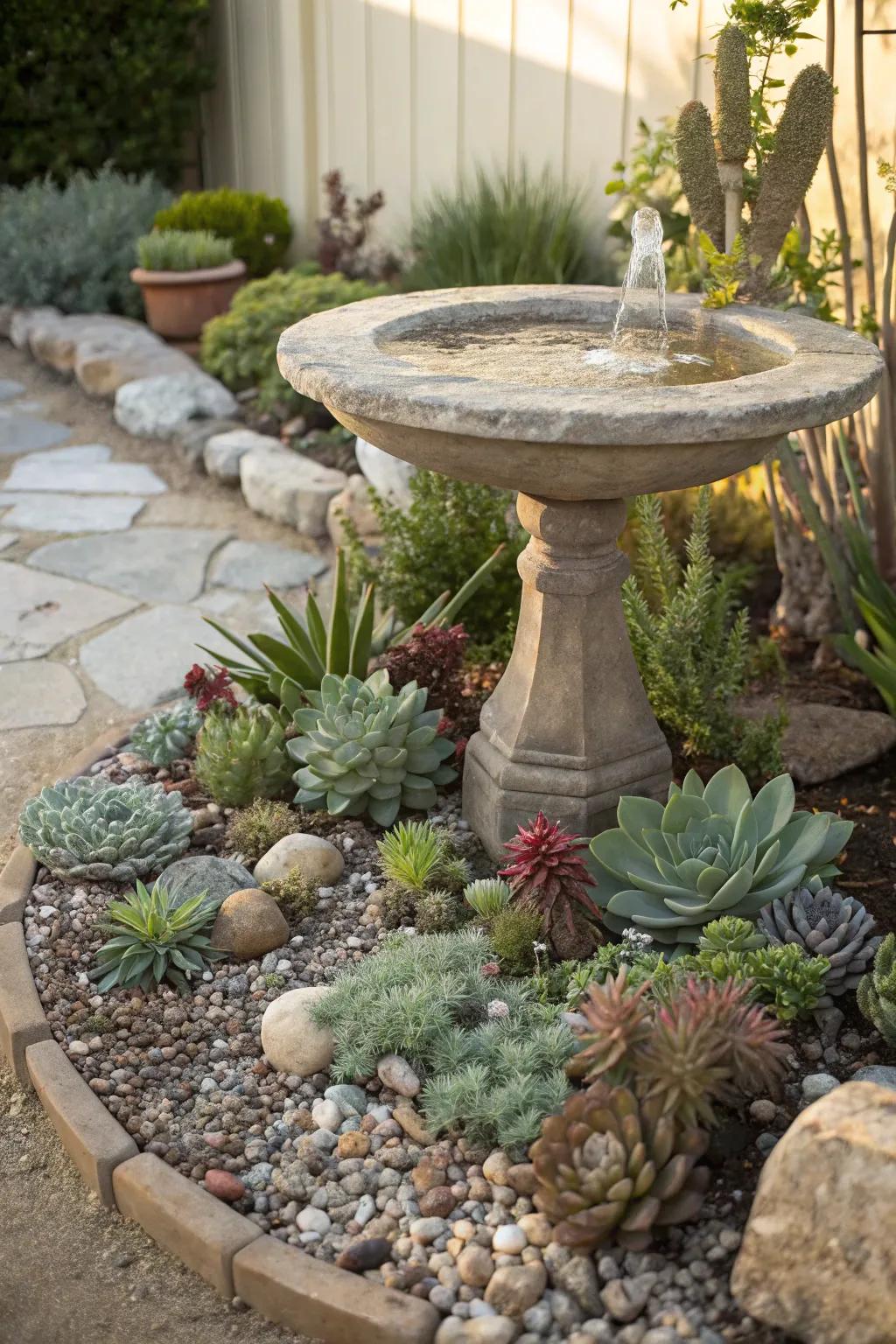 A bird watering spot embellished with fleshy foliage for a rejuvenated, authentic aesthetic.