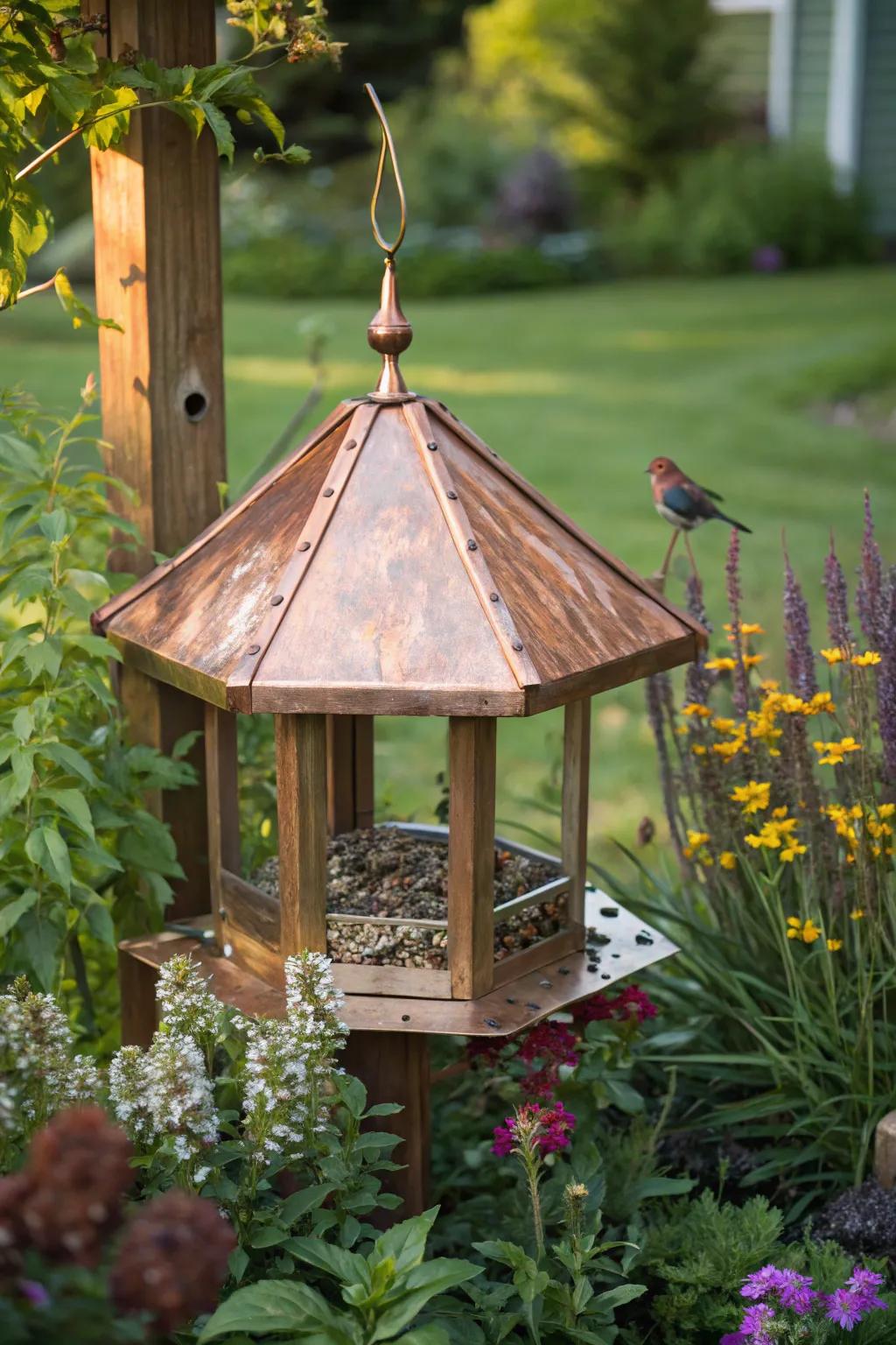 A copper roof feeder that combines elegance and durability.