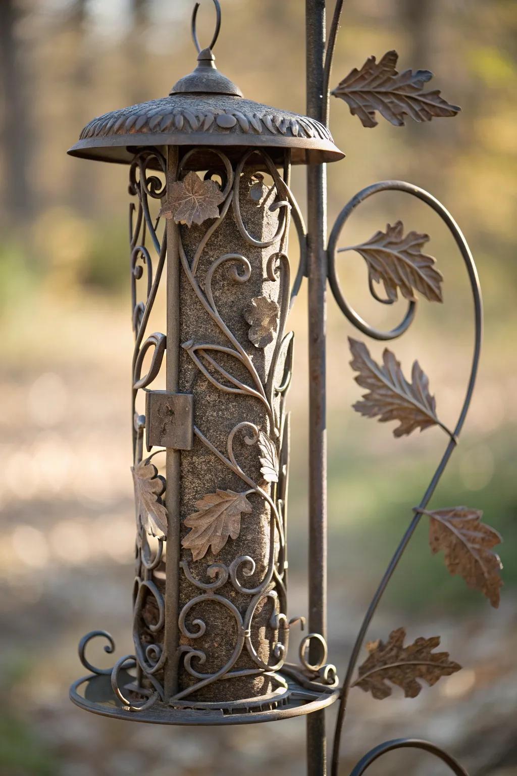 Elevate your garden with this exquisite metalwork bird feeder pole, where art meets nature.