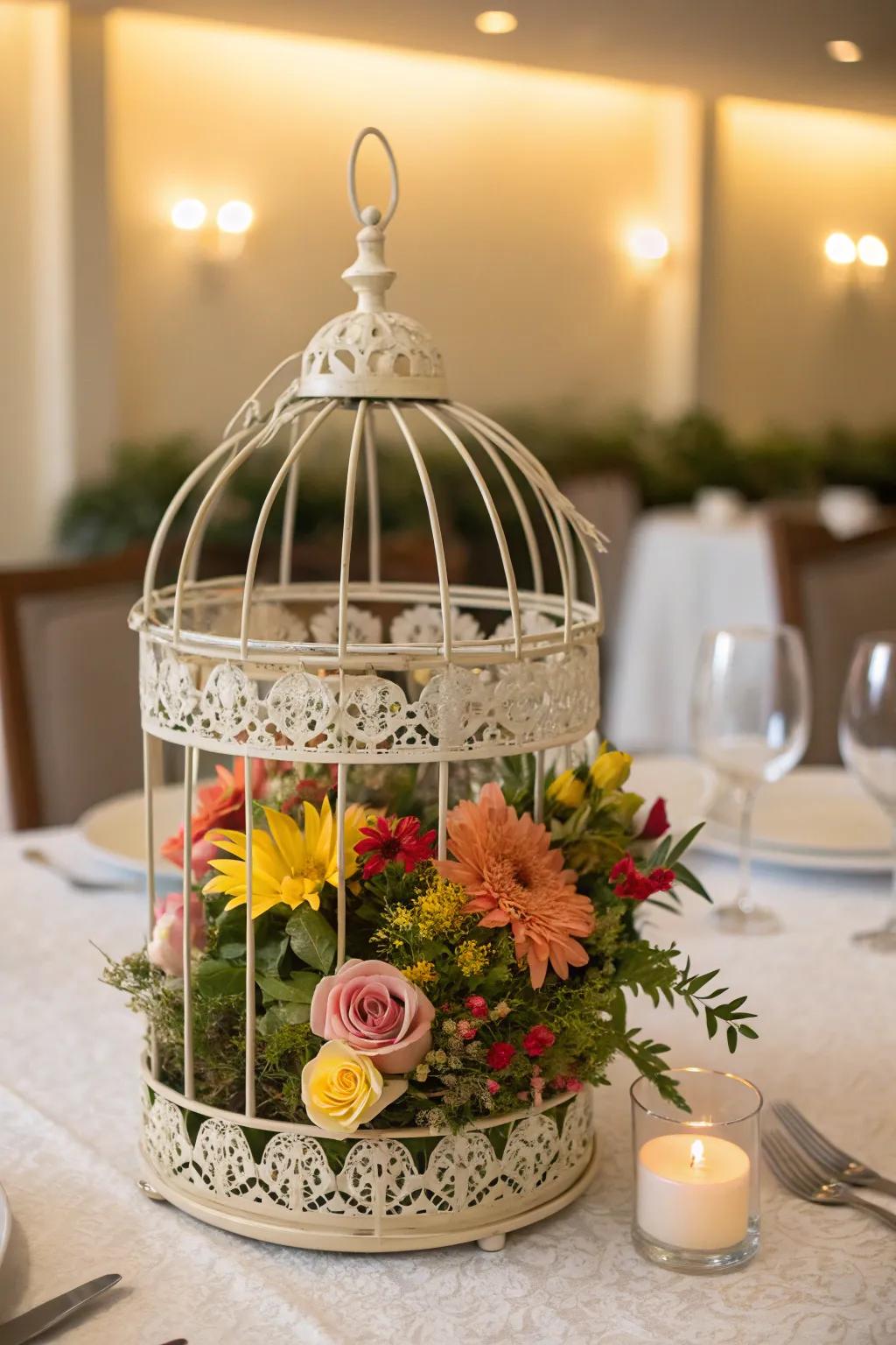 A birdcage centerpiece brightens up any dining setting with seasonal blooms.