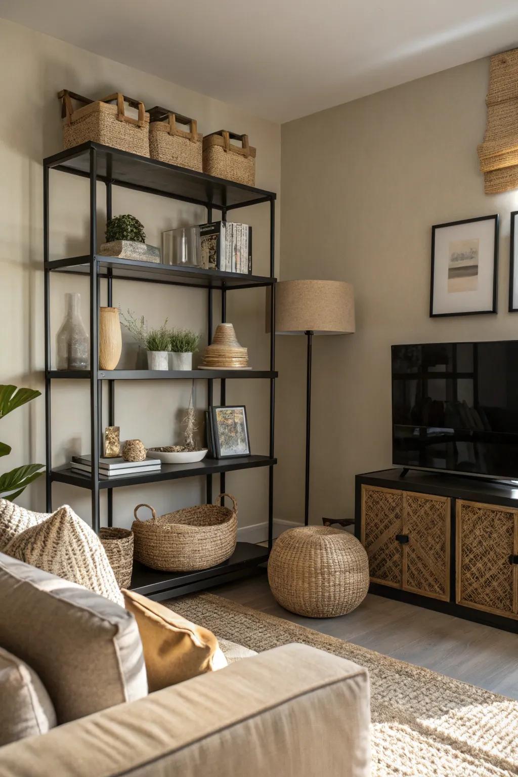 Floating shelves in black create a sleek storage solution.