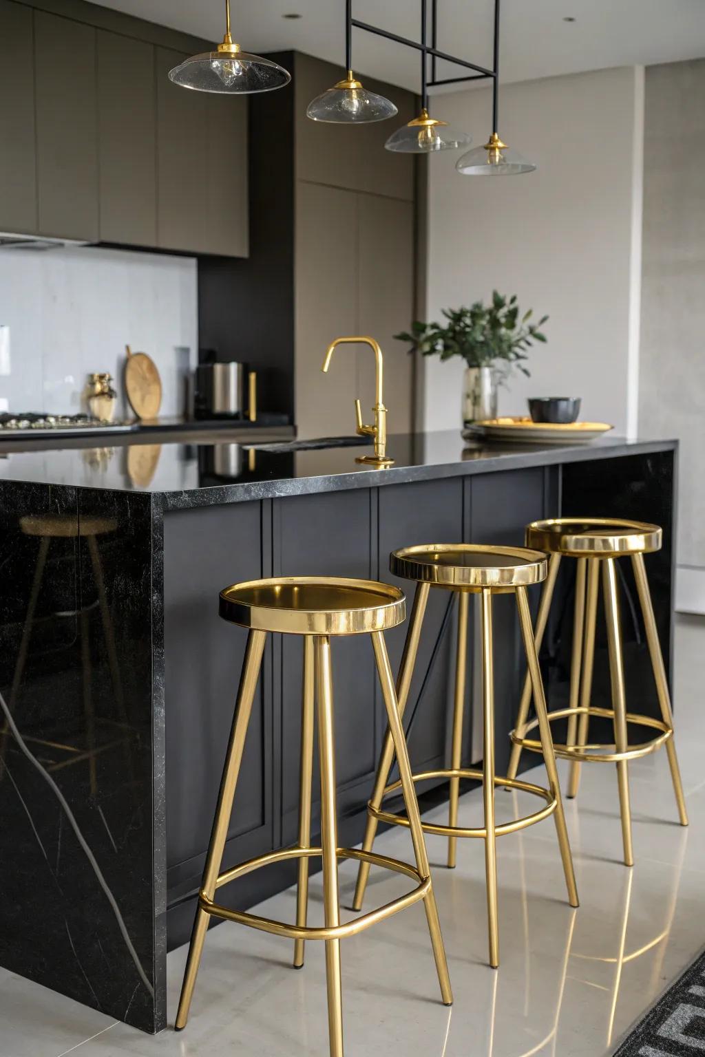 Gold bar stools bring opulence to this kitchen space.