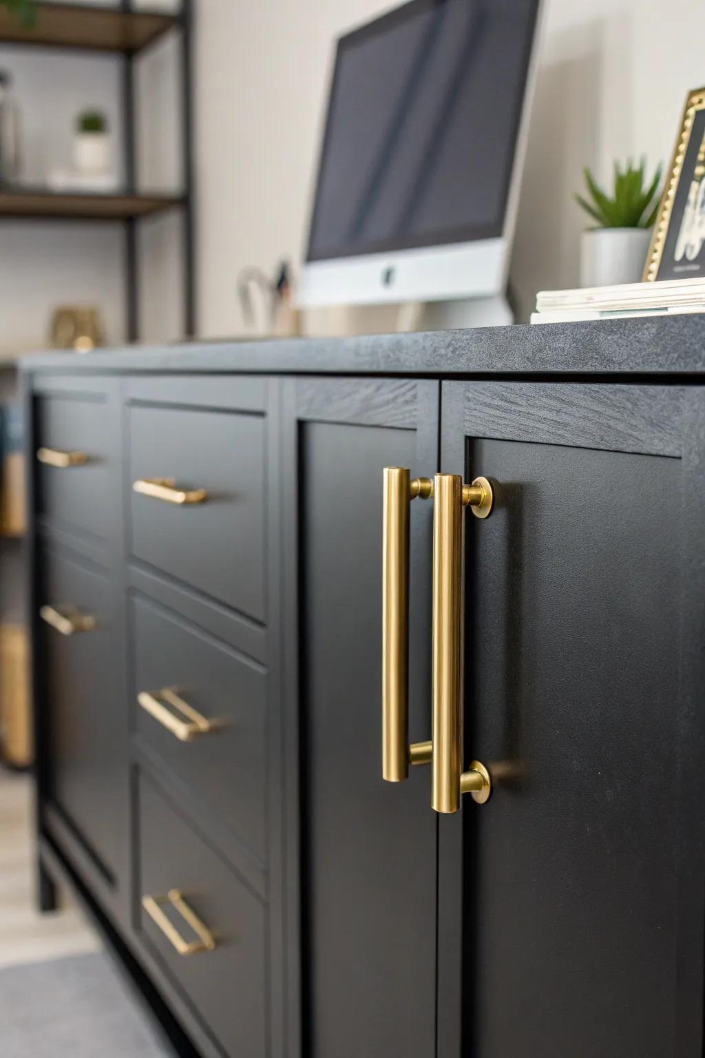 Gilded fixtures add a luxurious feel to ebony furnishings.