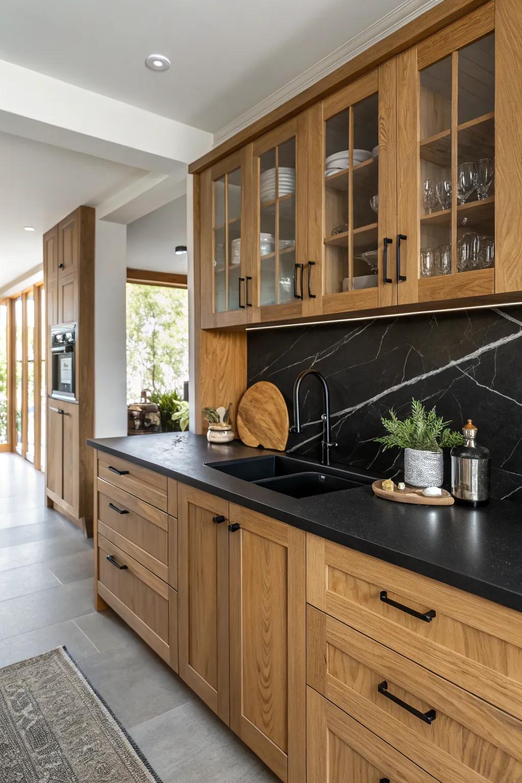 Timber elements paired with ebony countertops for warmth.