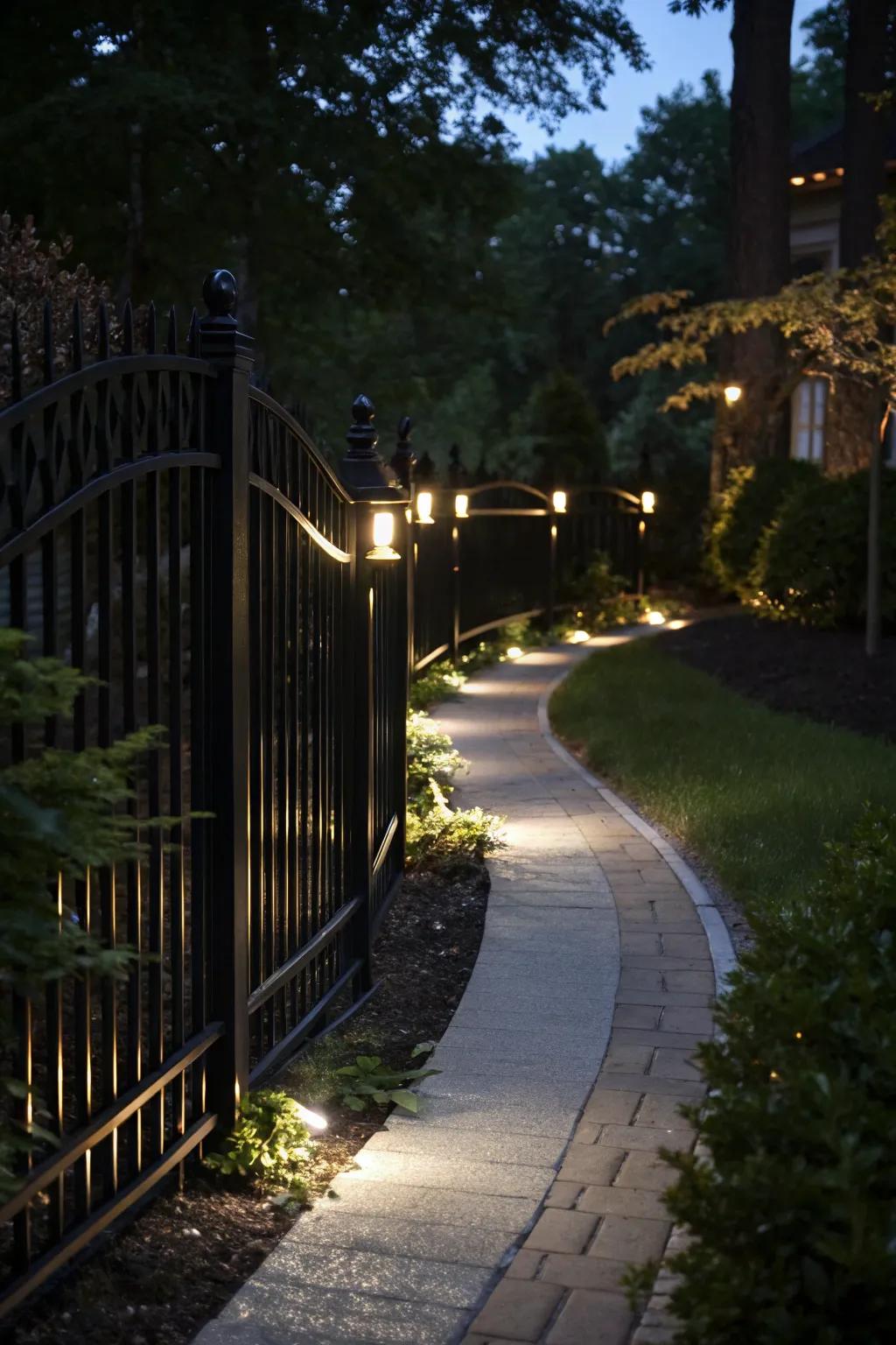 A black fence lit with subtle lighting creates a magical nighttime ambiance.