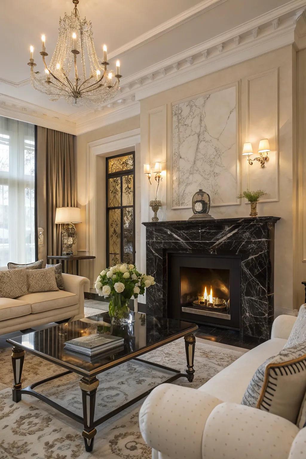 Elevate your decor with the timeless elegance of a black marble fireplace.
