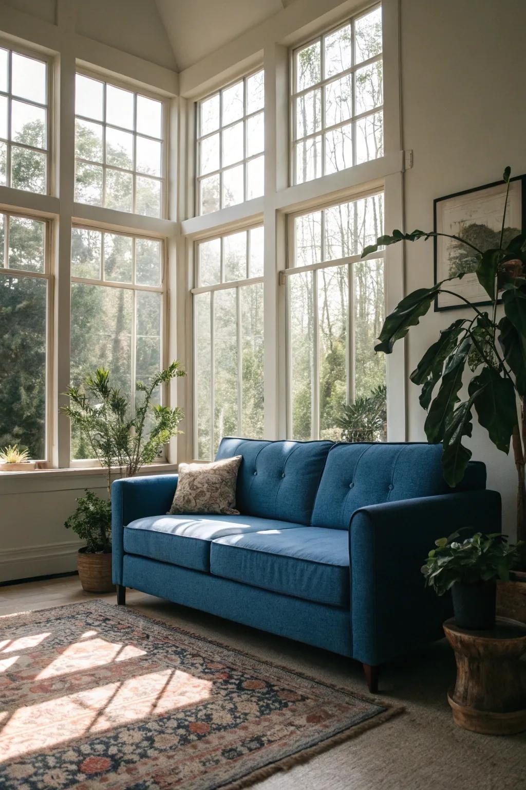 Natural light enhances the beauty of the blue couch.