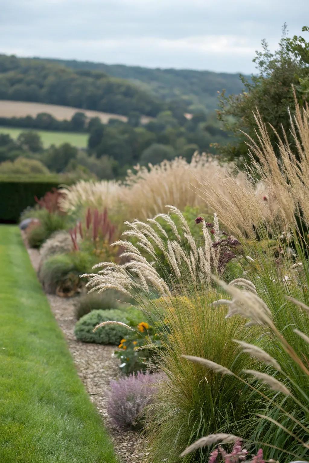 A tiered view with varied heights of decorative grasses.