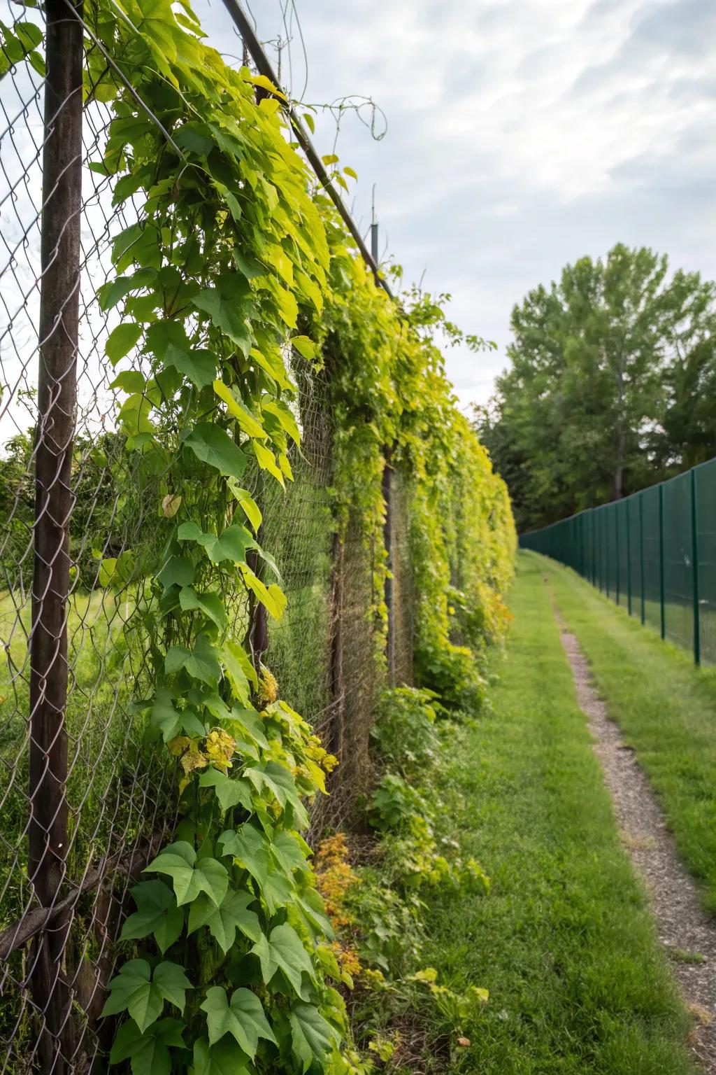 Climbing vines transform fences into living walls.