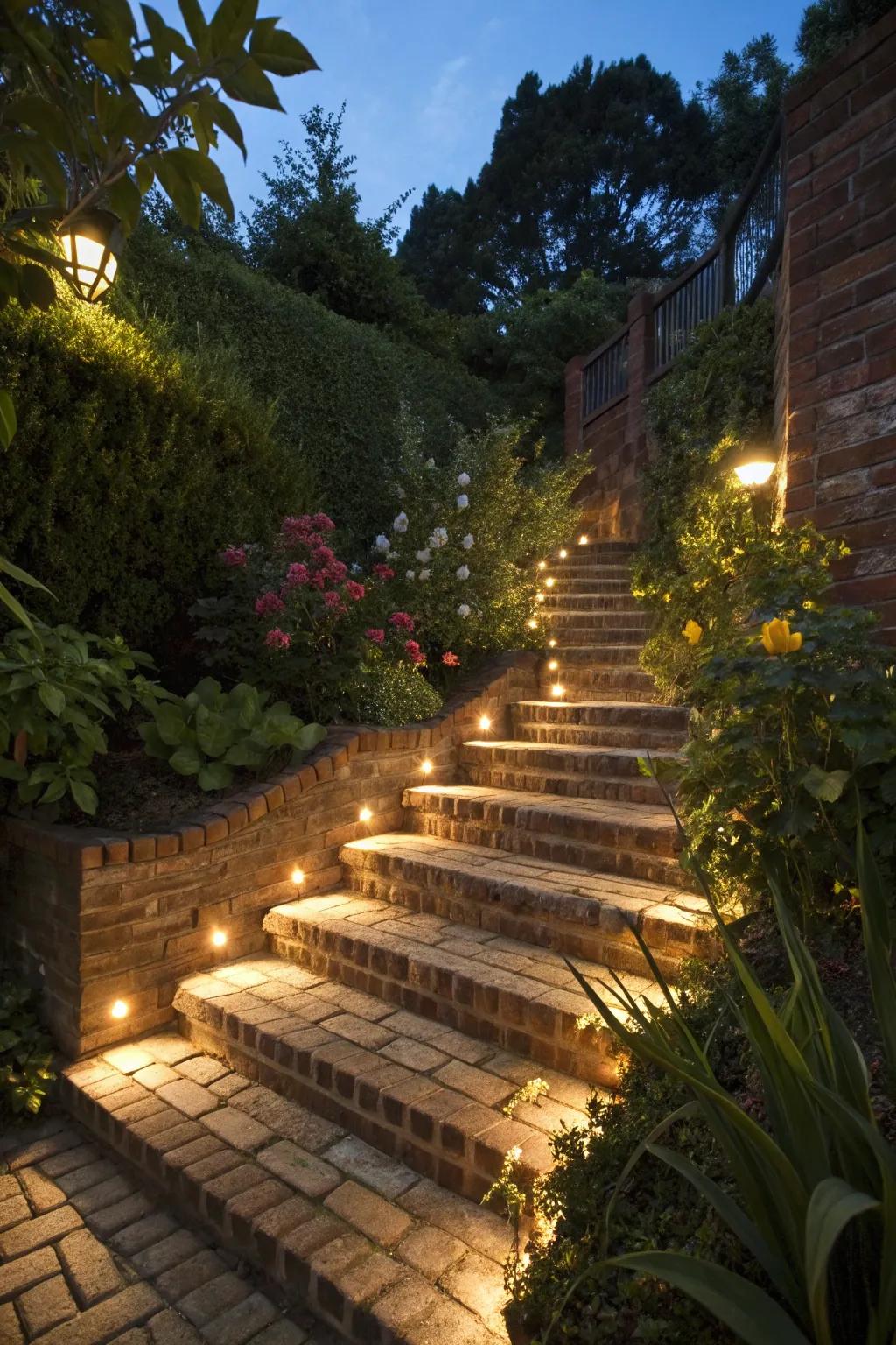 Illuminated brick steps creating a magical evening atmosphere.