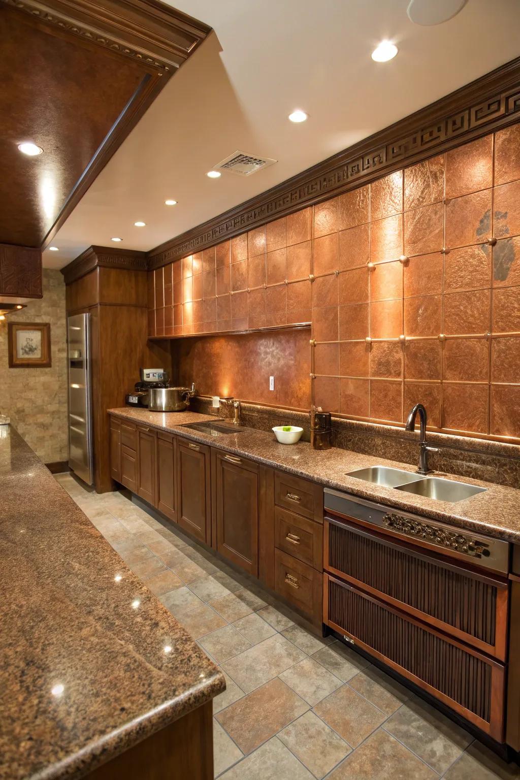 Bronze walls enhance the warm undertones of brunette stone.
