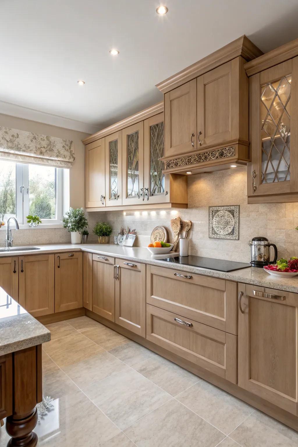 Enjoy the adaptability of pale brown cabinets.