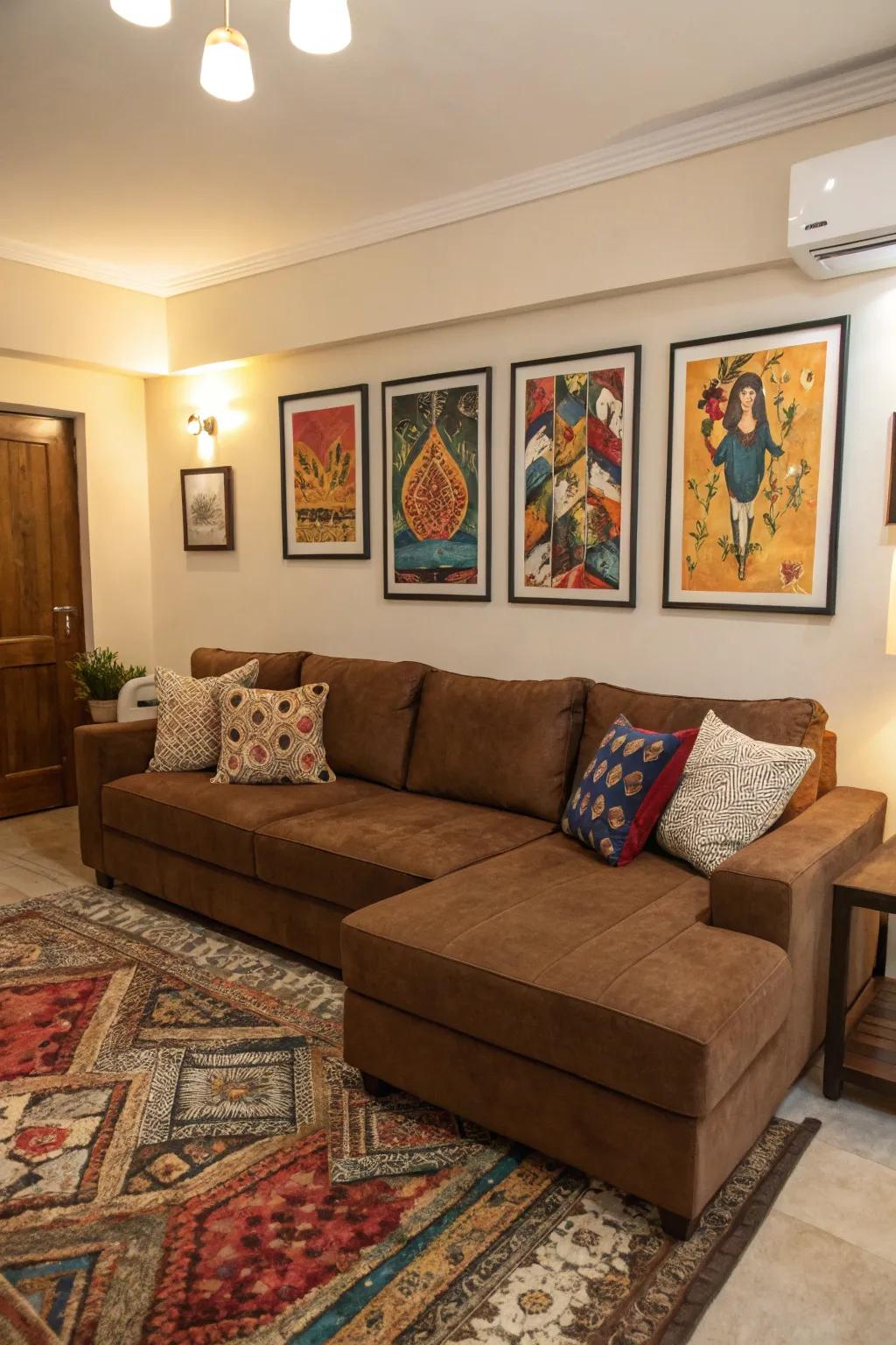 Bold artwork creates a striking focal point above a brown sectional.