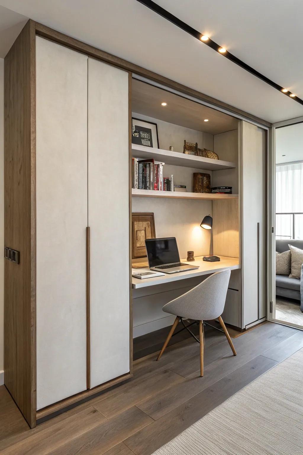 A hidden desk that maintains a clutter-free environment.