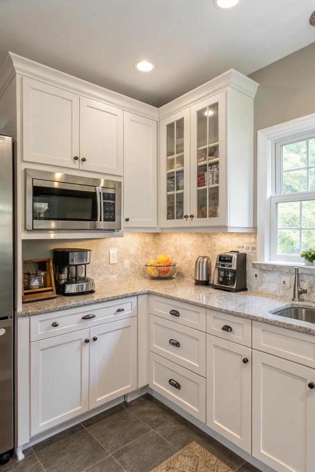Efficient kitchen design featuring the microwave tucked into an edge cabinet.