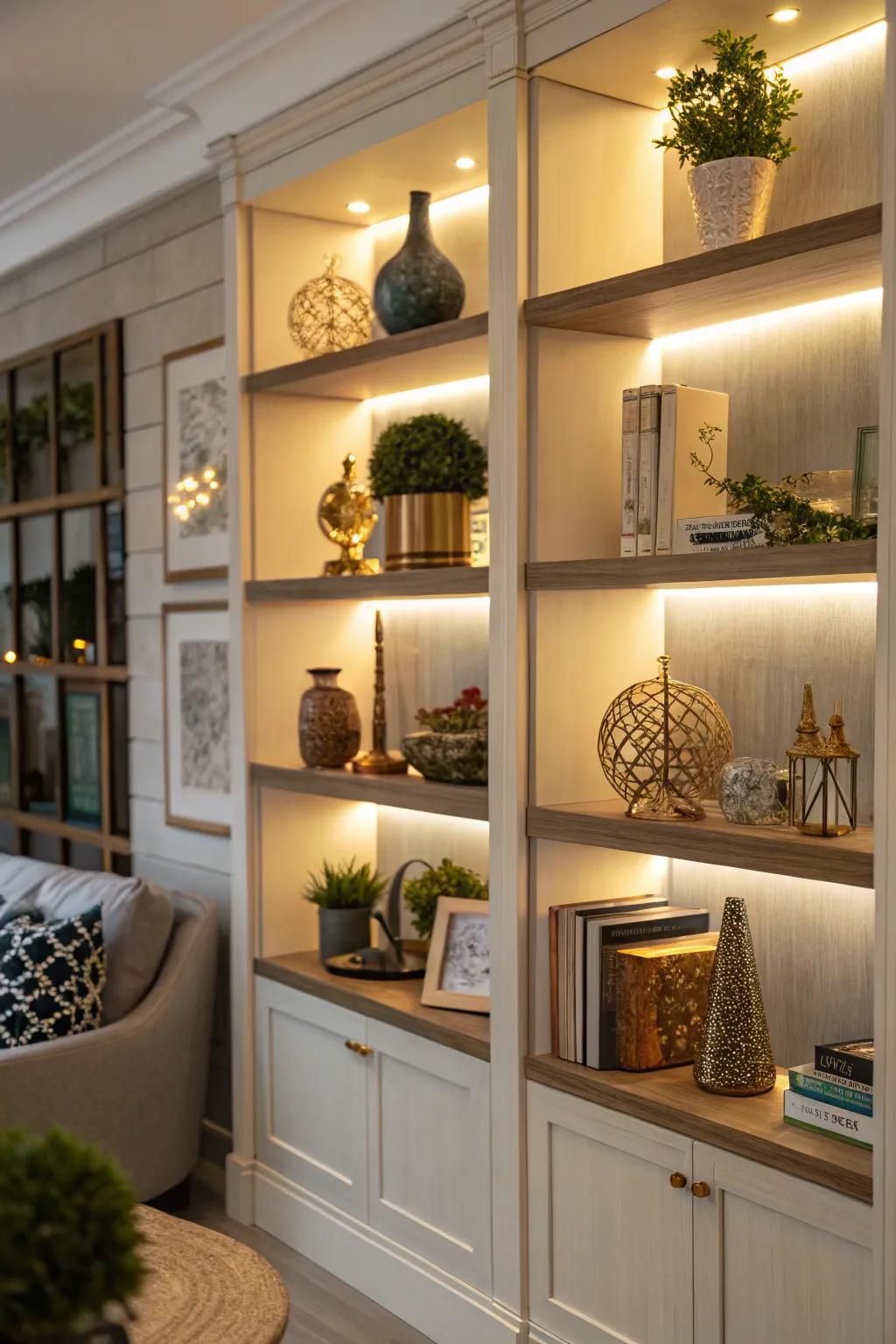 Special decor items are highlighted and given depth by accent lighting.