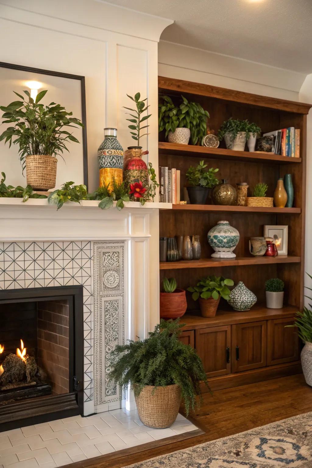 Decorative items impart persona to fireplace built-ins.