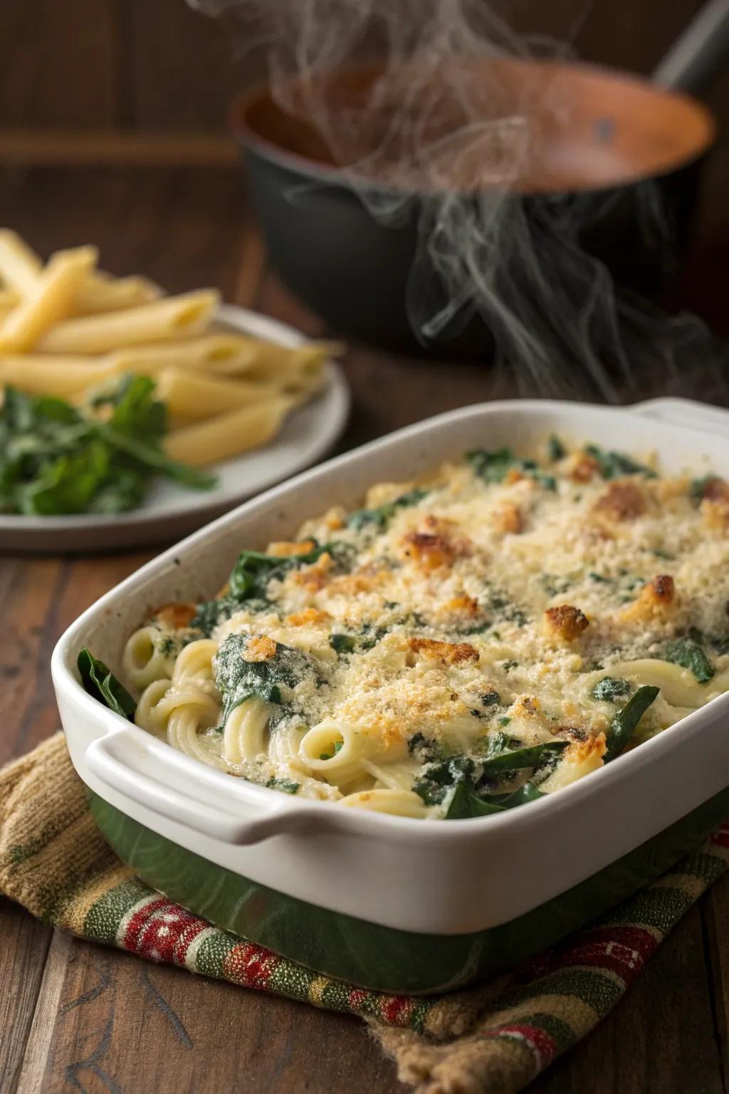 A creamy pasta bake with a golden breadcrumb crust.