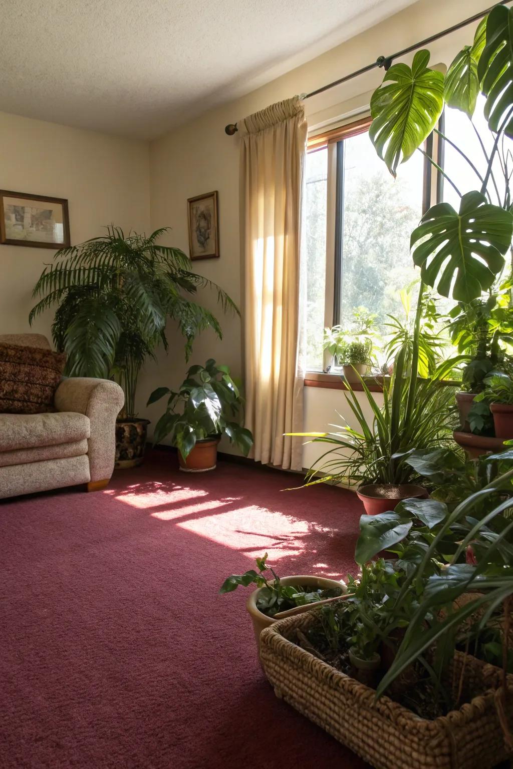 Vegetation breathes life into a maroon-styled family room.