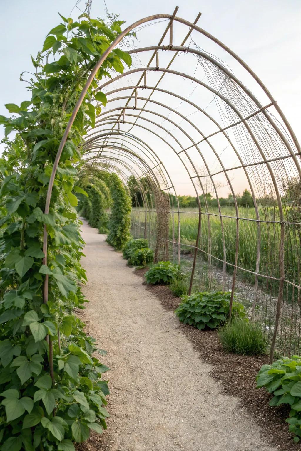Embrace natural beauty with this DIY chicken wire tunnel trellis, perfect for creating a magical garden pathway.