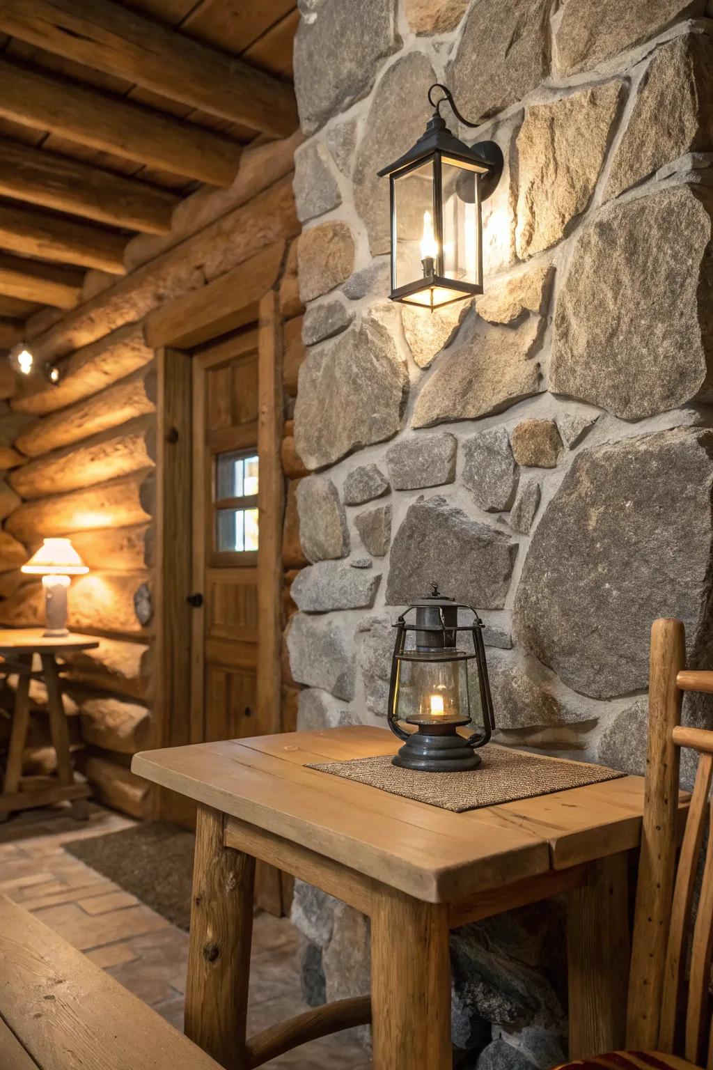 Stone embellishments beautifully accent the rustic appeal of the cabin.