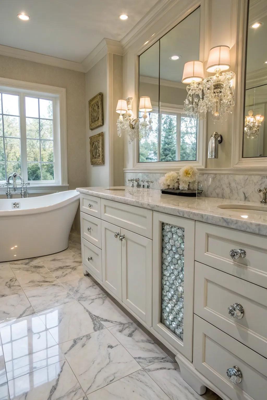 Crystal knobs add a sparkling touch to elegant bathroom cabinets.