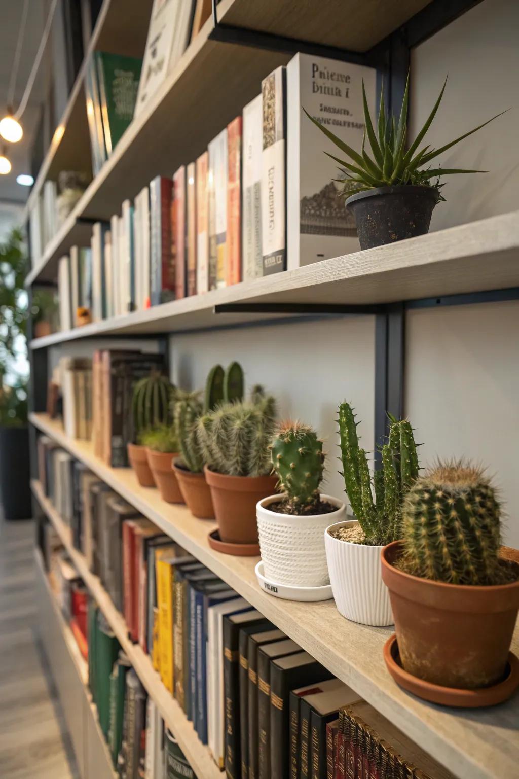 Books and cacti perfectly paired for a lively bookshelf.