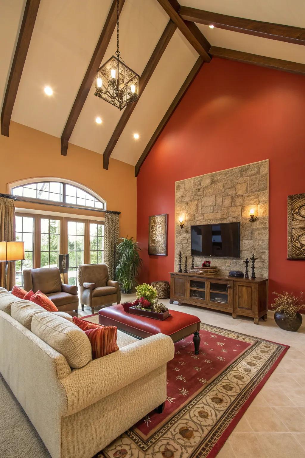 A striking feature wall reels the eyes in this cathedral-ceilinged space.