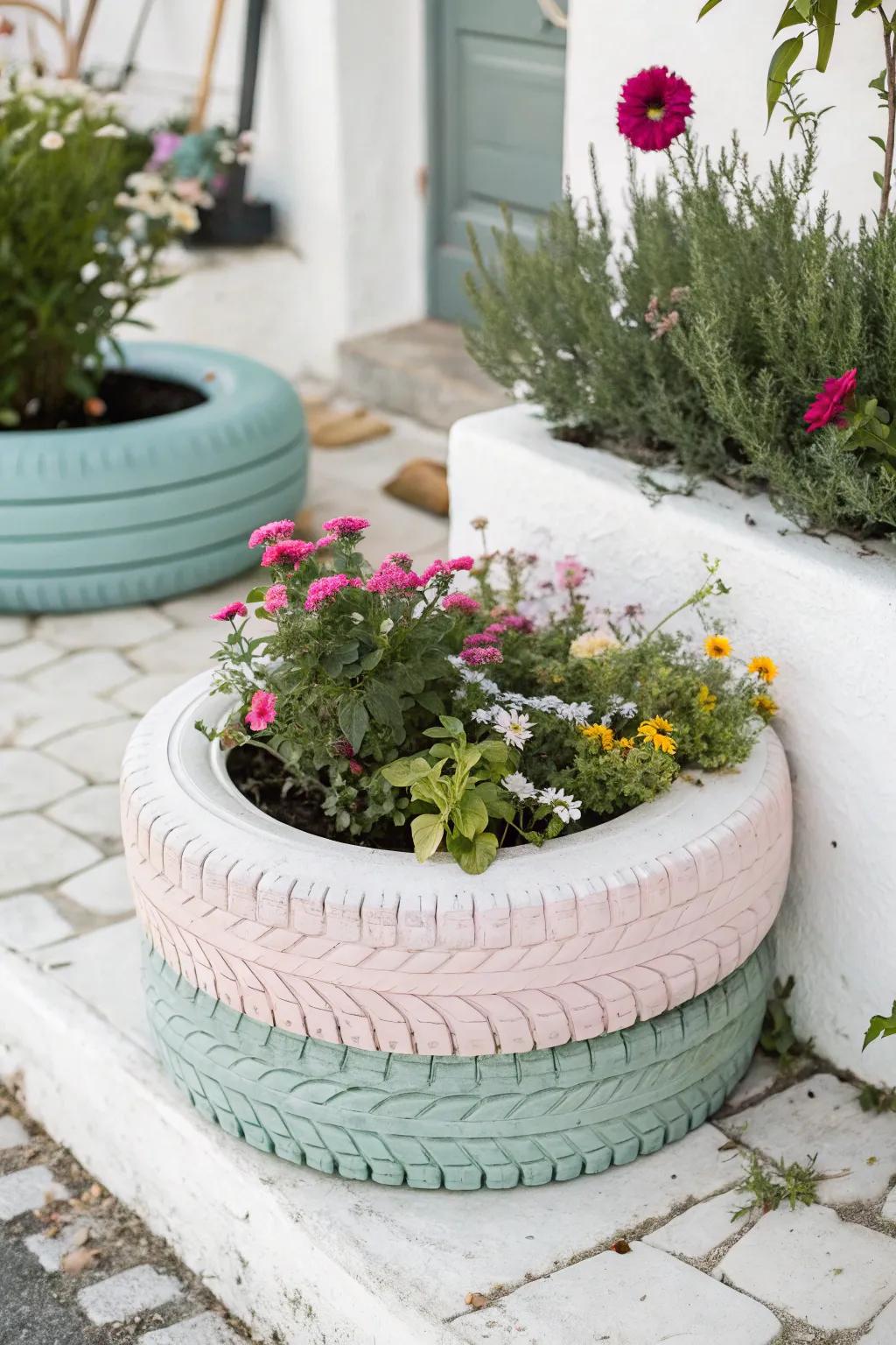 Transform old tires into stunning planters with a minimalist twist—perfect for adding a pop of color and charm to your garden!