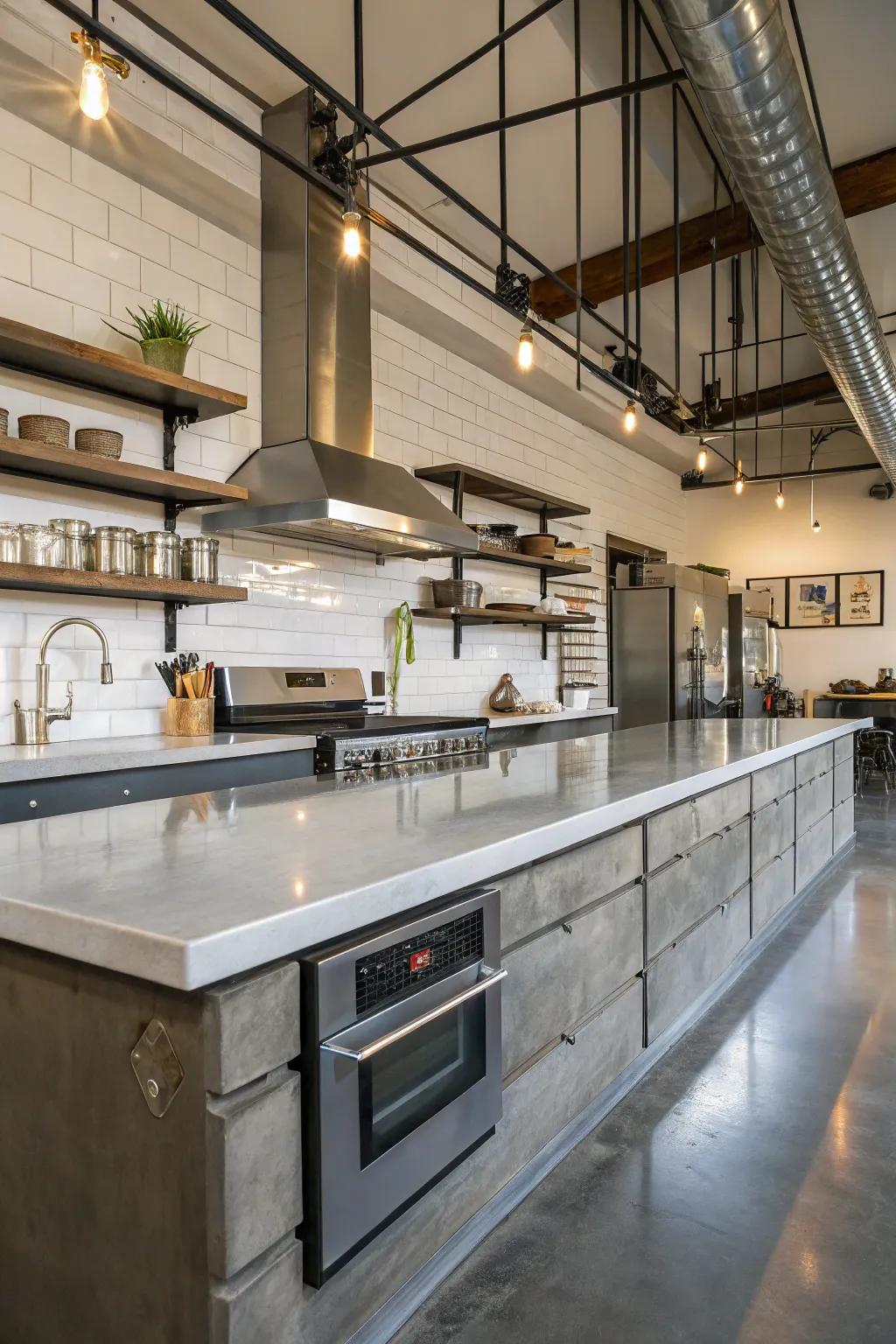 Industrial kitchen with stylish concrete countertops.