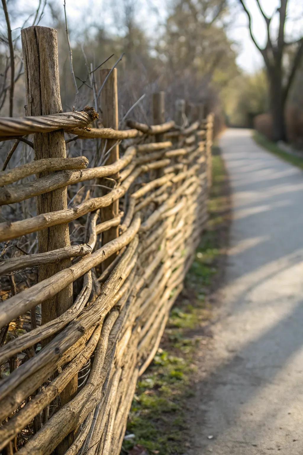 Enhance your garden with the rustic charm of a handcrafted woven willow fence.