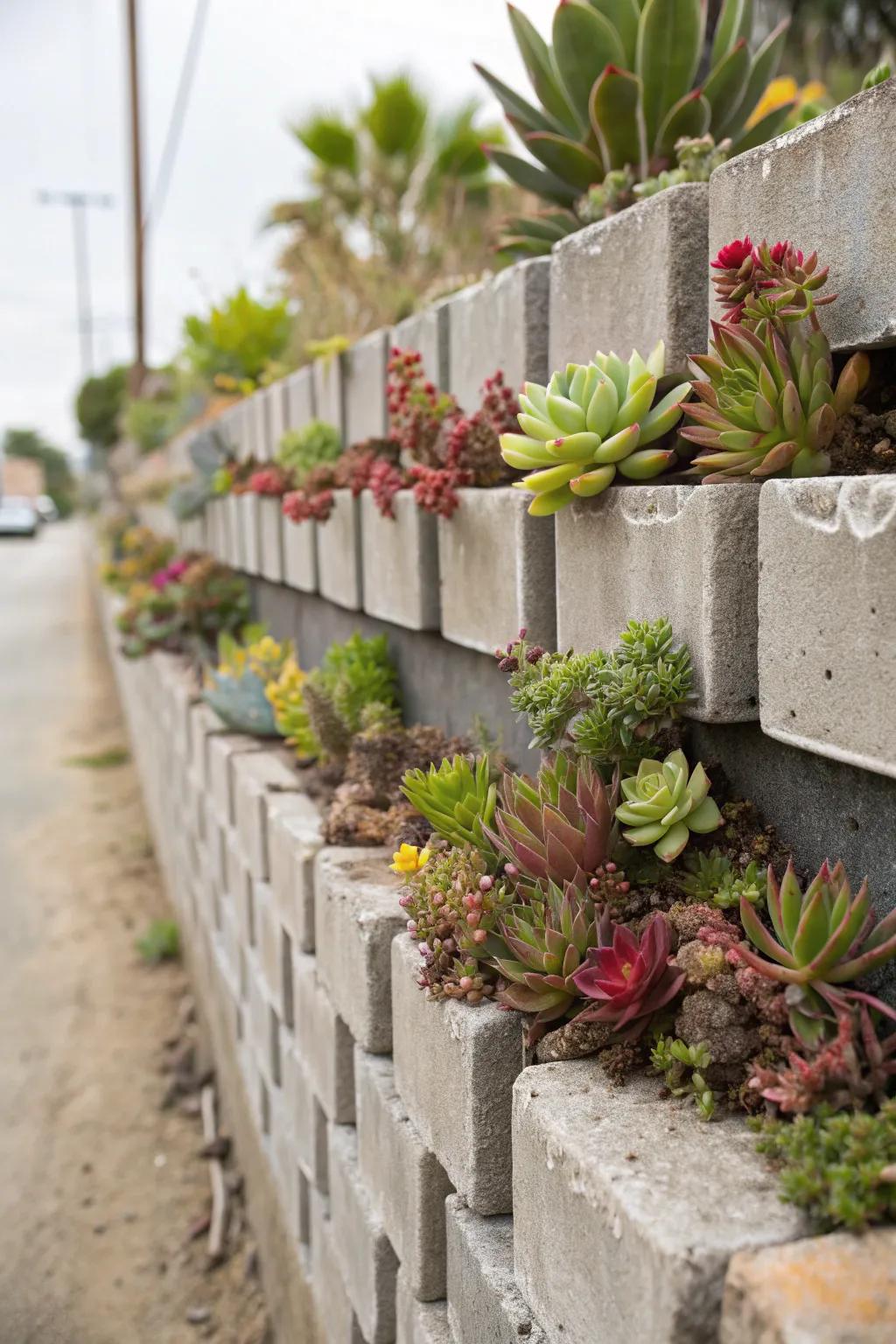 Transform your garden into a Succulent Paradise with a cinder block wall bursting with vibrant colors and textures.